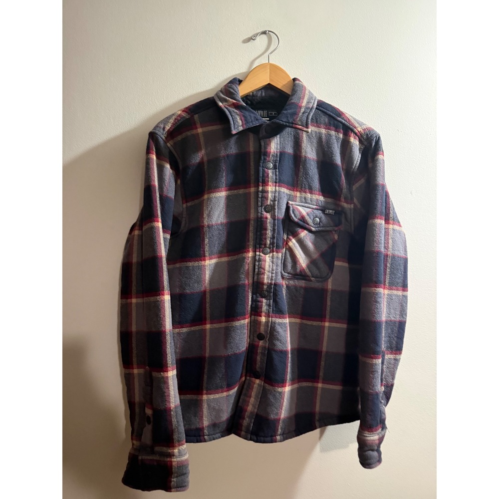 Caliville Mens Sherpa Lined Flannel Shirt Jacket Navy Blue Red Plaid Small